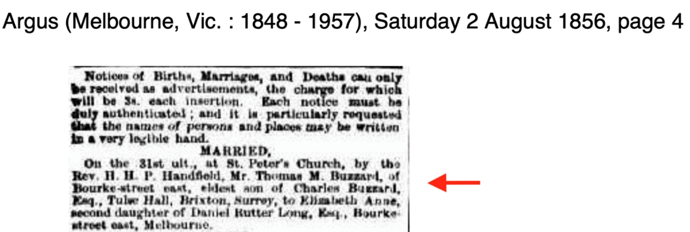 Marriage of Thomas Meredith Buzzard to Elizabeth Anne Long